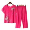 Women's Summer Cotton Linen Short-Sleeved Two-Piece Set: Grandma Mom Pajama Top and Pants.