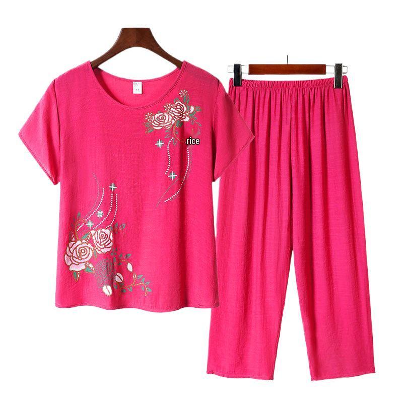 Women's Summer Cotton Linen Short-Sleeved Two-Piece Set: Grandma Mom Pajama Top and Pants.