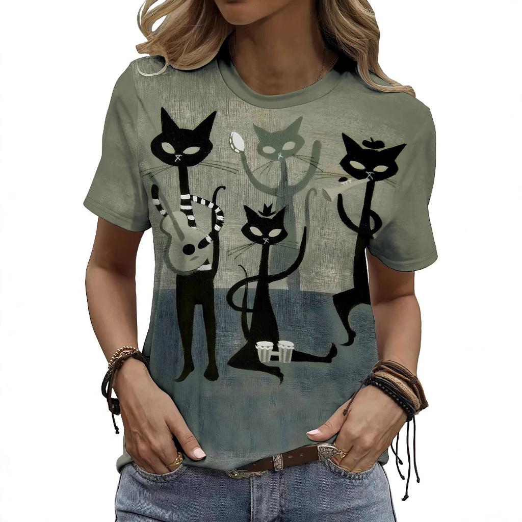 Summer Round Neck 3D Animal Print T-shirts Fashionable Casual Short Sleeved Women's T-shirts