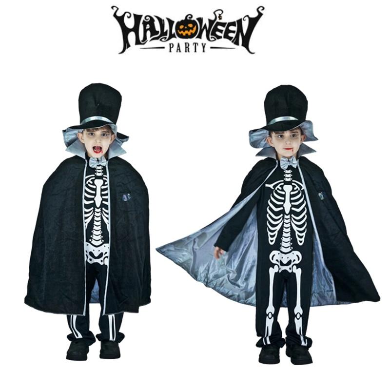 Kids Boy Skeleton Skull Ghost Cloak Halloween Cosplay Party Outfit Costume
