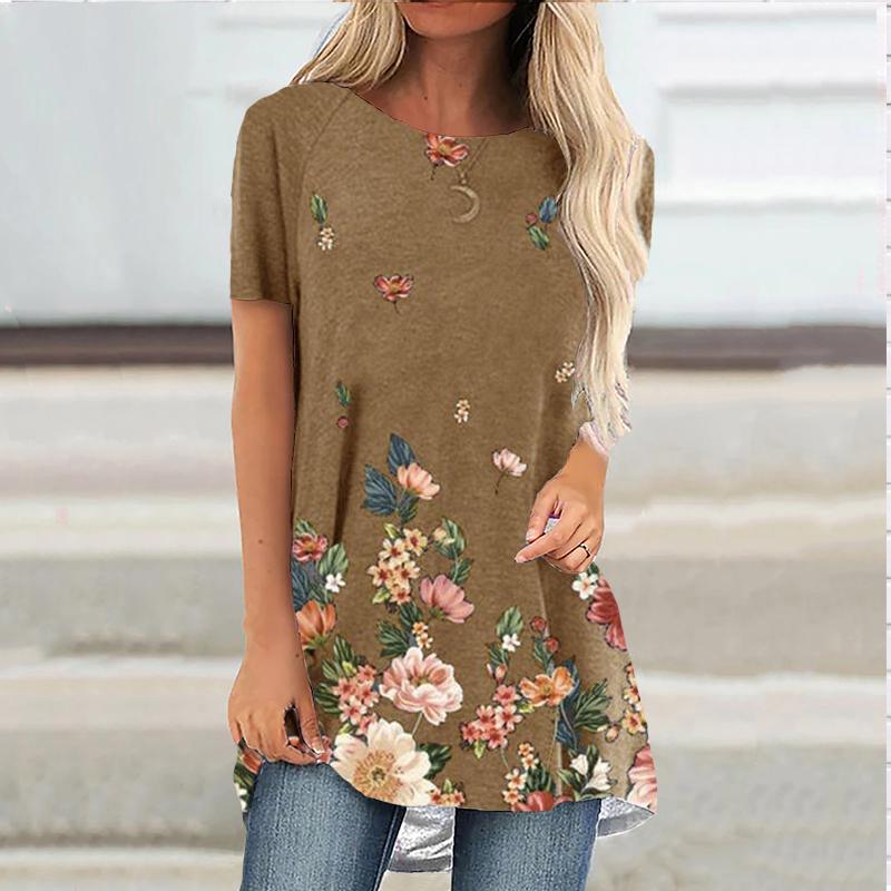 

Женская удобная футболка с короткими рукавами и круглым воротником размера плюс, розовая река, повседневные мешковатые футболки средней длины для женщин 8XL коричневый