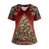 Women's Short Sleeved Christmas Printed V-neck Buttonable Side Slit Top T-shirt