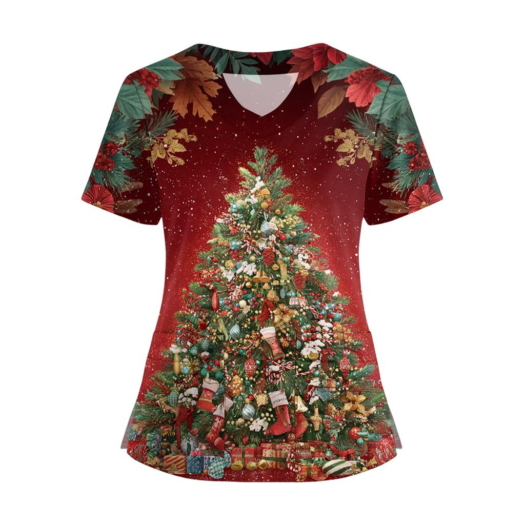 Women's Short Sleeved Christmas Printed V-neck Buttonable Side Slit Top T-shirt