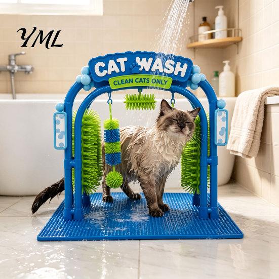 Pet Enrichment Toy Cat Wash Grooming Station, Self Groomer, Arch Car Interactive Design, Soft Rubbing Brushes, Massager Scratcher for Indoor