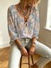 Women V-neck Drawstring Ruffle Puff Sleeve Printed Shirt, for Travel, Daily Casual Outfit