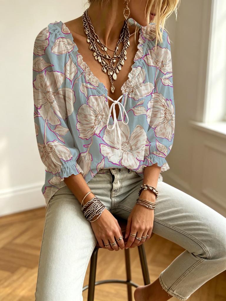 Women V-neck Drawstring Ruffle Puff Sleeve Printed Shirt, for Travel, Daily Casual Outfit