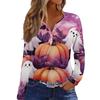Women's Casual Long Sleeve V-Neck T-Shirt with Halloween Print and Decorative Buttons