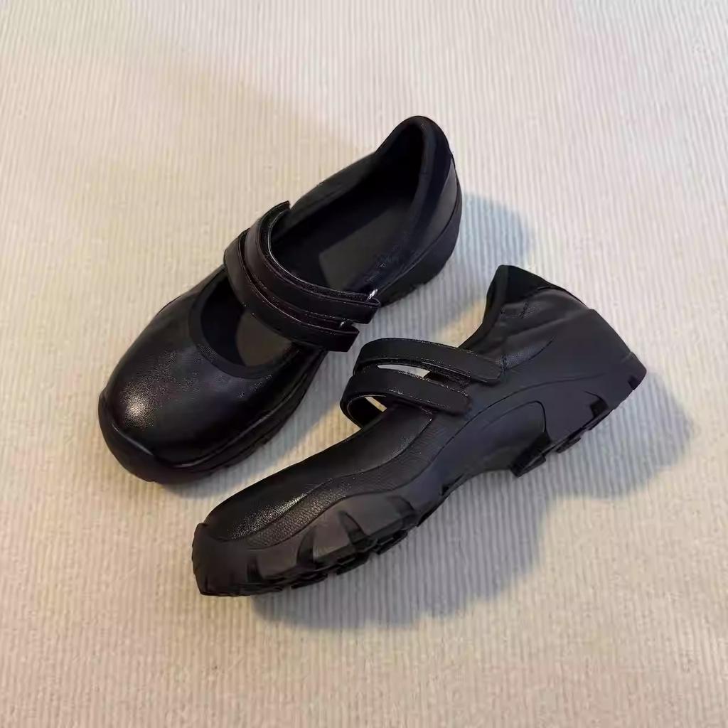 Sheepskin version~ French leather round head platform Mary Jane shoes femininity black word with light mouth thick heel single shoes