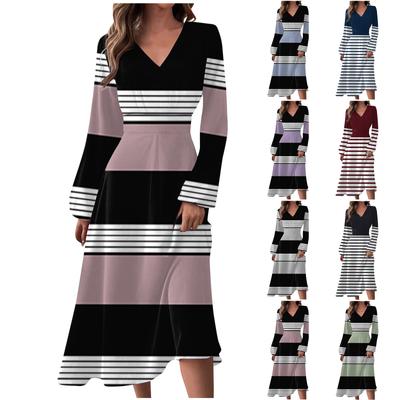 Women's Autumn And Winter Casual Fashion V-neck Long Sleeve Stripe Print Long Dress