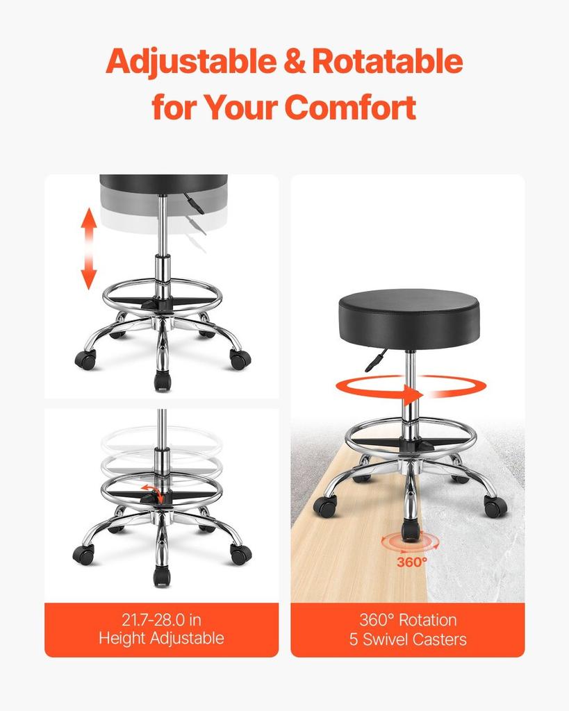Round Rolling Stool Swivel Stool with Wheels & Footrest Height Adjustable