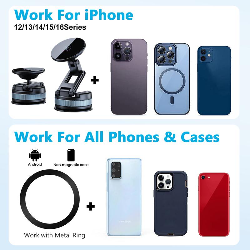 Magnetic Vacuum Suction Car Phone Holder  Foldable & Extendable Mount for Windshield/Dashboard Universal Fit for All Smartphones