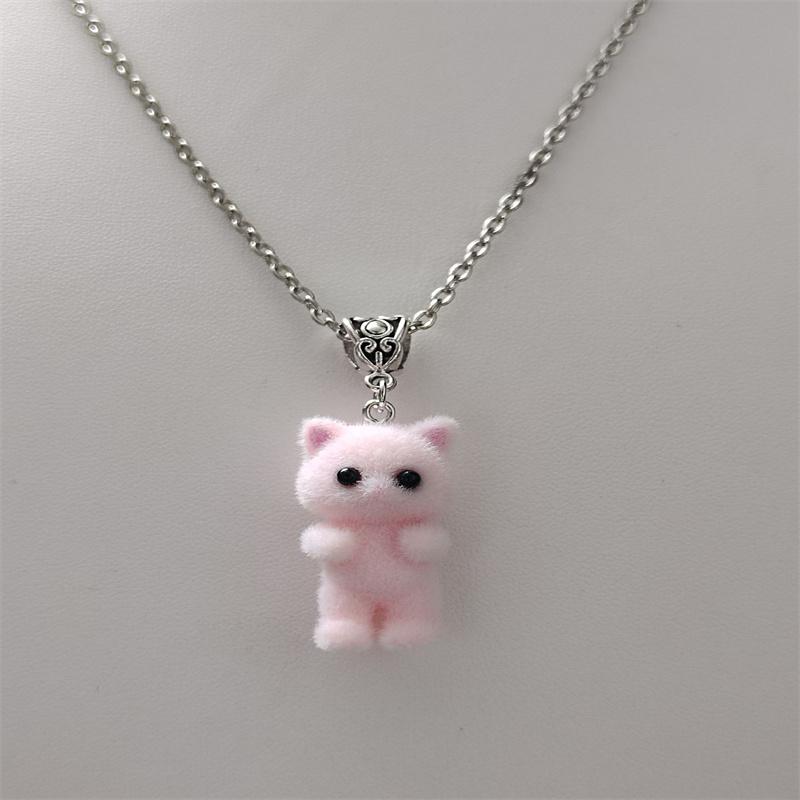 Cute Resin Flocked 3D Cat Necklace,Cartoon Animal Pendant,Cat Jewelry,Holiday Party Gift,Cat Lover Gift