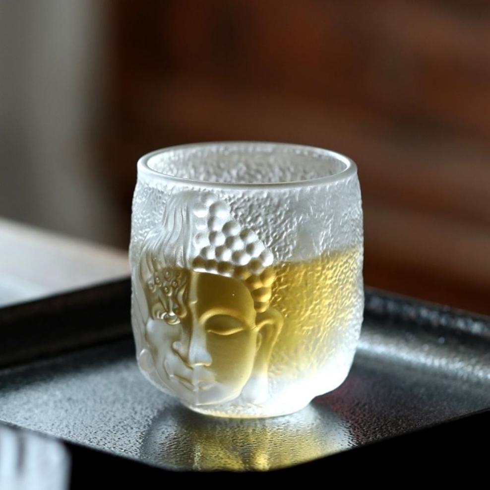 2pcs, Zen inspired glass teacup,Buddha head crystal glass master cup, Bar relief wineglass, Kung Fu tea set for home, 100ml