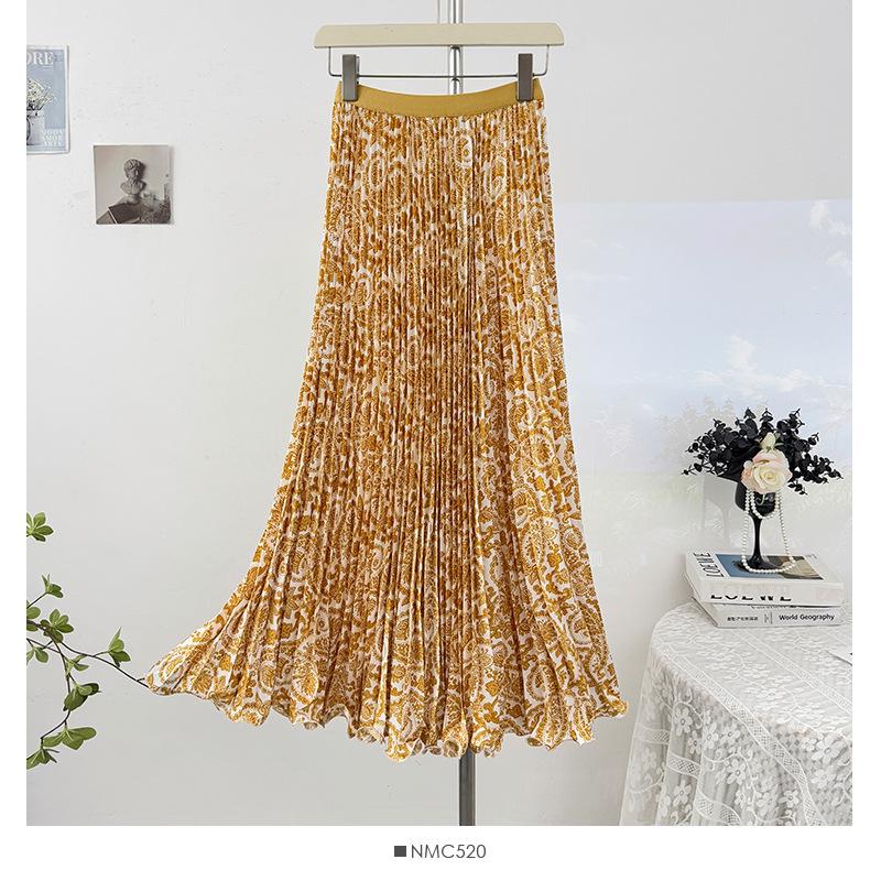 Japanese-Korean Chiffon Print Pleated High Waist Slimming Maxi Skirt