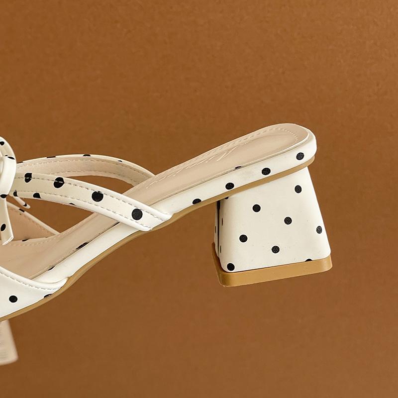 Butterfly-knot Polka Dot Women Slippers Summer Thick Heel Shoes Street Style Open Toe Vacation Party Dress Slides