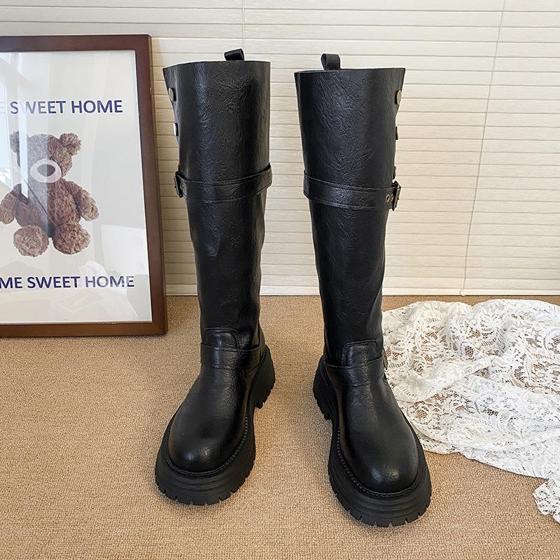 Retro Style Two Wear Folded Thick-soled Boots Women's 2025 New Autumn Fashion Thick Heel Thin Knee Buttons