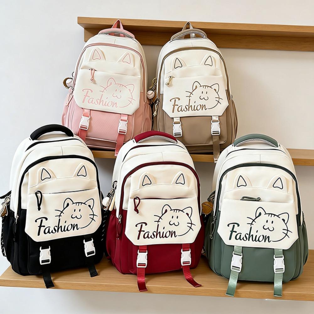 2026 New Large Capacity Nylon Backpack Student Simple Cute Cat School Bag Multifunctional Storage Pack