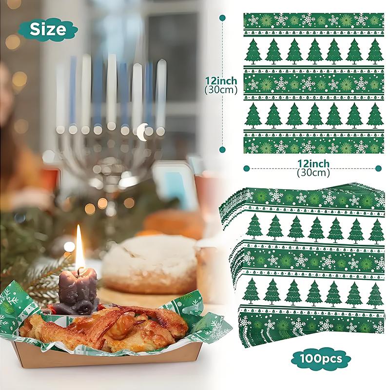 100PCS Christmas Food Parchment Paper Greaseproof Paper Holiday Burger Wrapping Sheets Festive Sandwich Packaging Paper 30x30cm