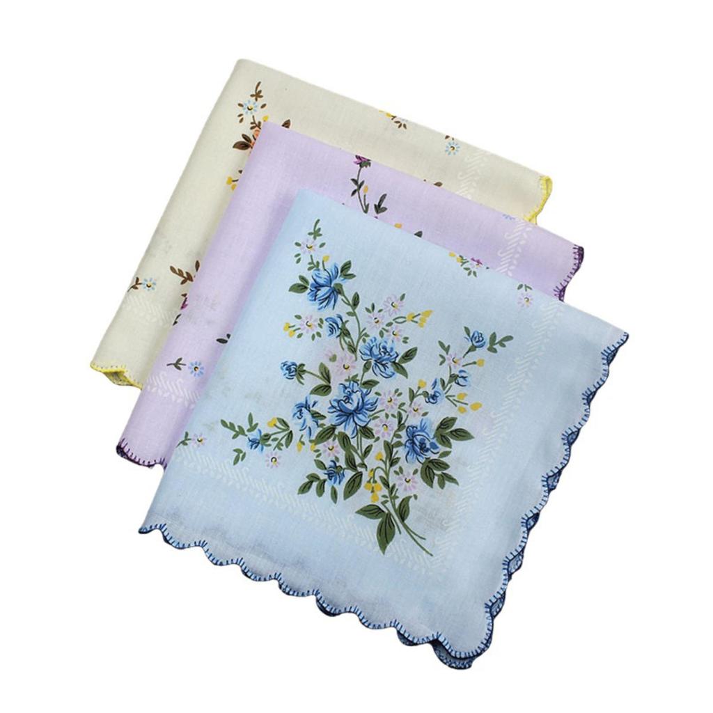3ks Květinové kapesníkové ručníky 30*29cm Elegantní Vintage Klasické Bavlněné Hanky ​​Letní Přenosné Dámské Ručníky