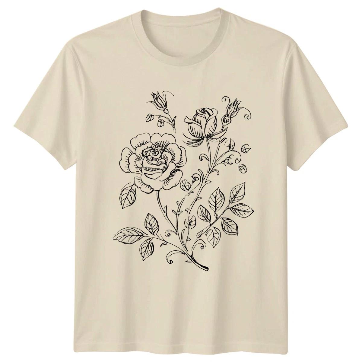 Rose Flower Sketch Botanical Line Womens T-Shirt Vintage Illustration M