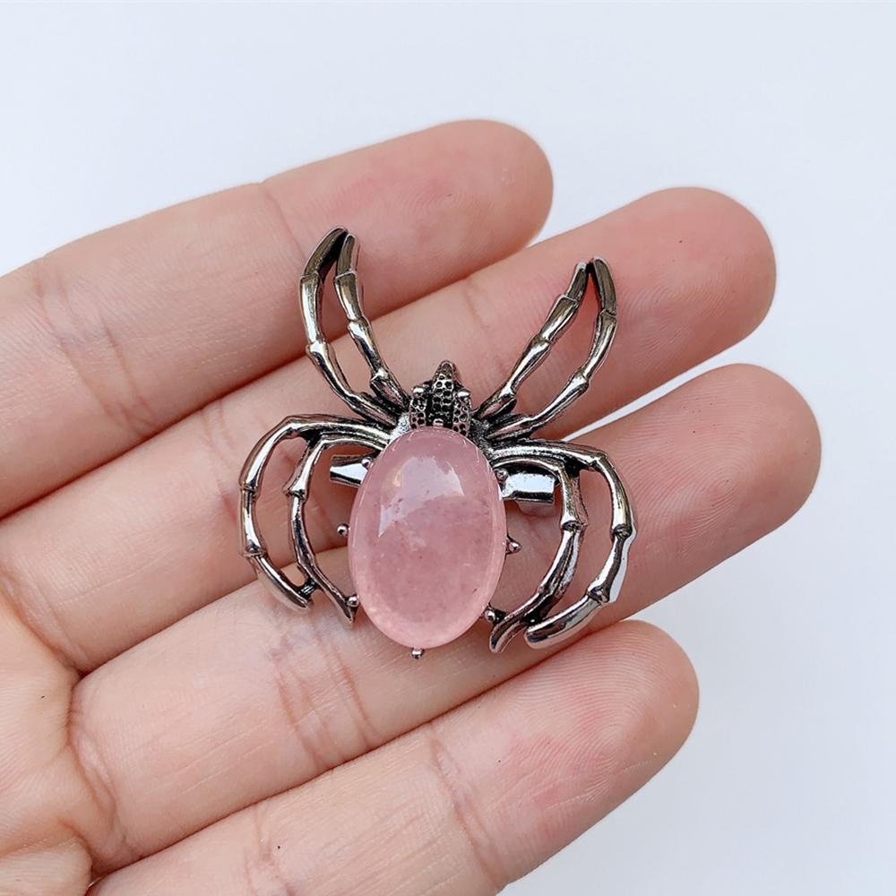 Natural Gem Stone Spider Brooch for Backpacks Jackets Hats Pants Jewelry Accessory Natural Quartz Halloween Spider Pin Brooch