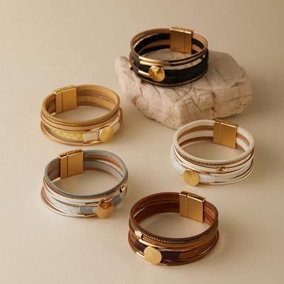 Bracelet en cuir tressé vintage avec strass pour femme, style bohème, multicouches, large, bijoux de fête, cadeaux