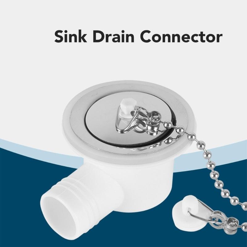 Sink Drain Assembly for Trailer and Boat Use, Angled Side Outlet Drain Fitting with Cap Chain, Plastic Body and Stainless Trim for Sink Repair
