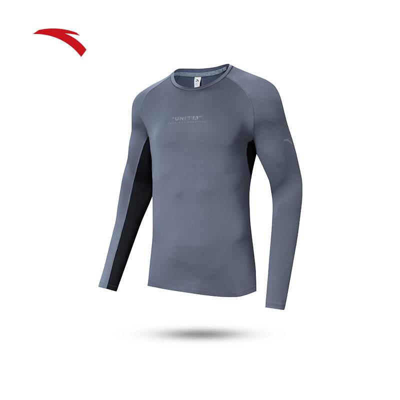 Anta Training Series Color Block Letter Round Neck Pullover Long Sleeve Fitness Shirt Men tops Coal-Gray 152457401-3