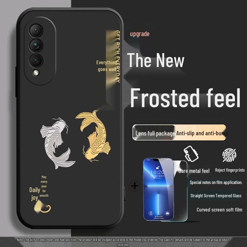 Black Cartoon Chinese Style Silicone Honor X20se Phone Case with Tempered Glass Protector