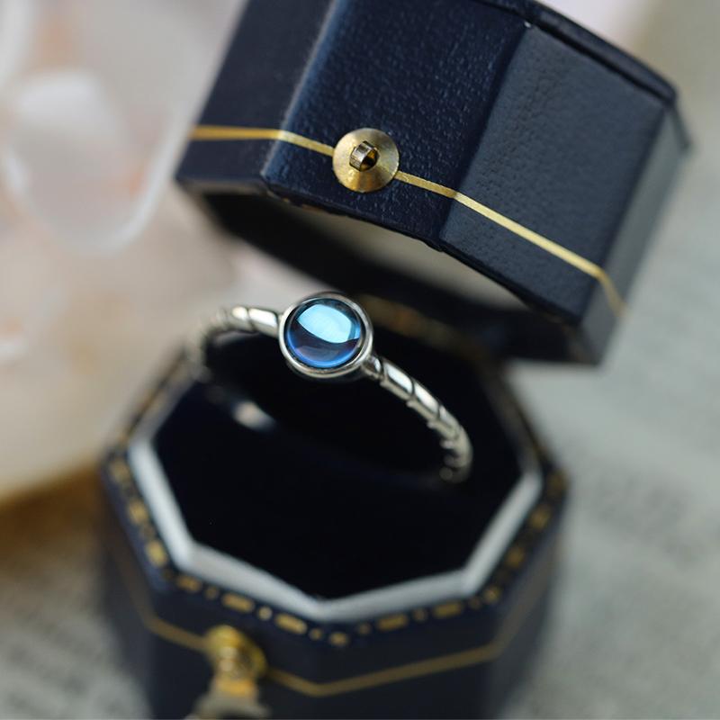 Retro Genuine S925 Sterling Silver Round Moonstone Twist Cross Geometric Open Jewelry Ring for Women