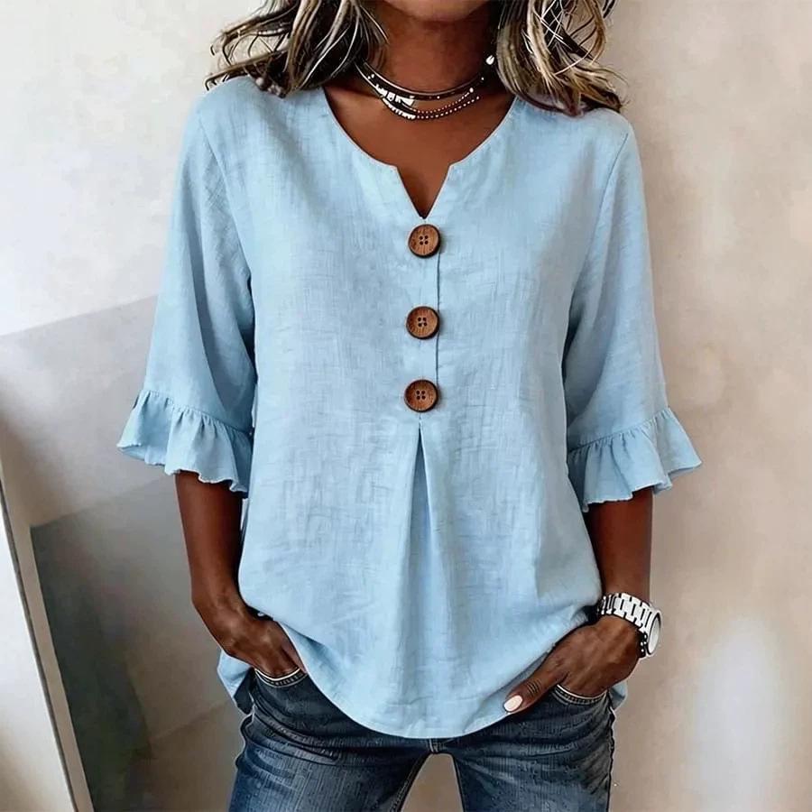 2026 Summer European & American Women's V-neck Cotton Linen Fashion Shirt