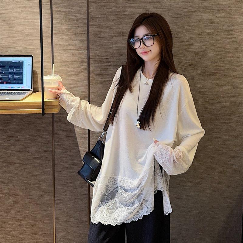 Korean Style Lace Crochet Patchwork Long Sleeve T-Shirt for Women - 2025 Spring/Autumn Casual Sweet Base Layer Top