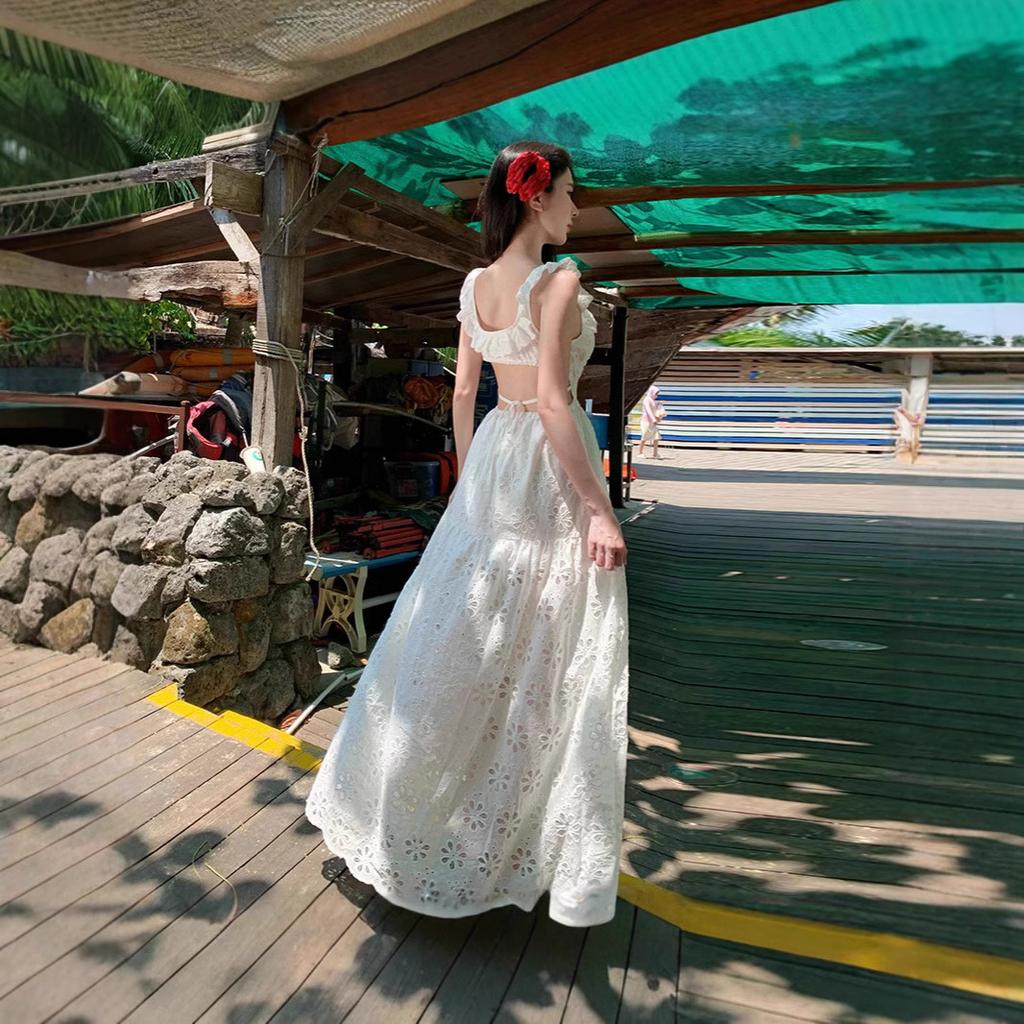 Sanya niche romantic ruffle edge embroidered dress French holiday style backless split fairy long dress