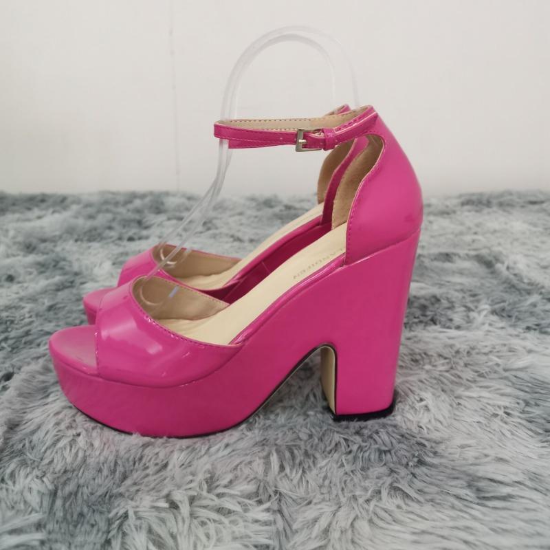 Ženy Sandály Léto Sexy Peep Přezka Pásek Sandál Čtvercový Tlusté Vysoké podpatky Flock Platforma Černá Party Červená Svatební boty