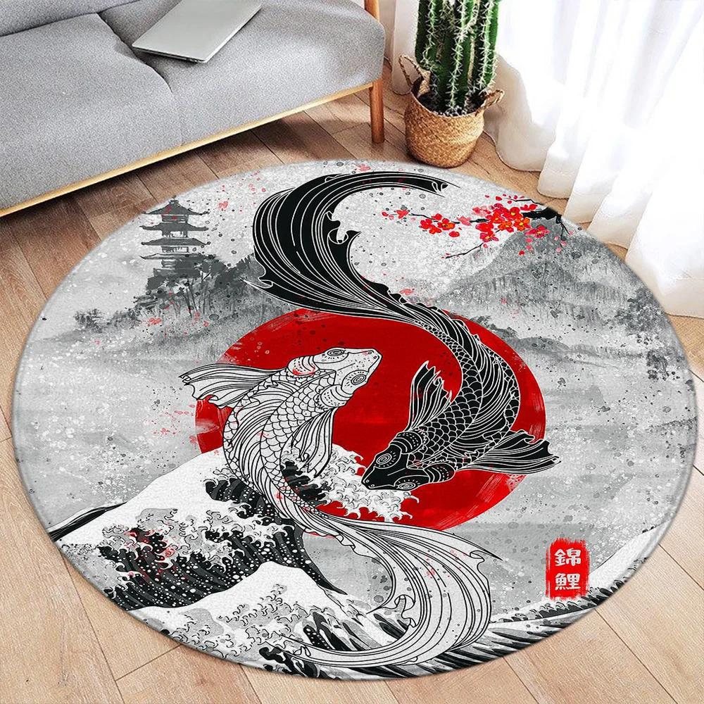 Round Rug – Koi Lotus Cherry Blossom Ink Art Carpet for Living Room Bedroom Home Decor