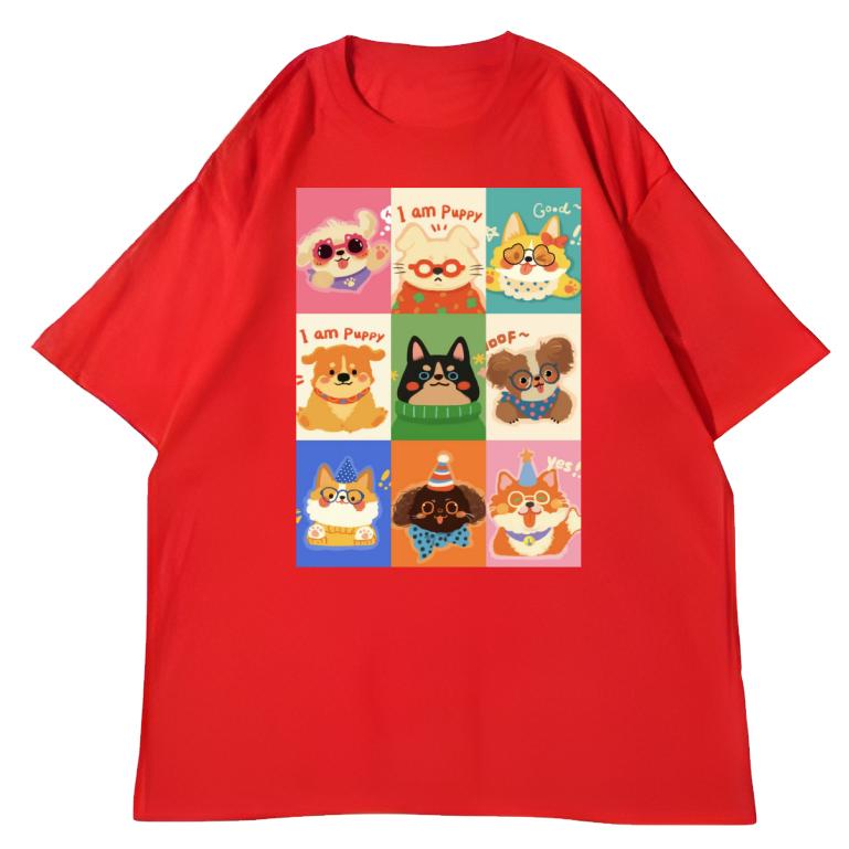 Adult and Childrens Ninegrid Puppy Party Cute Dog Family Pure Cotton Tshirt Versatile Couple and Parentchild Top S