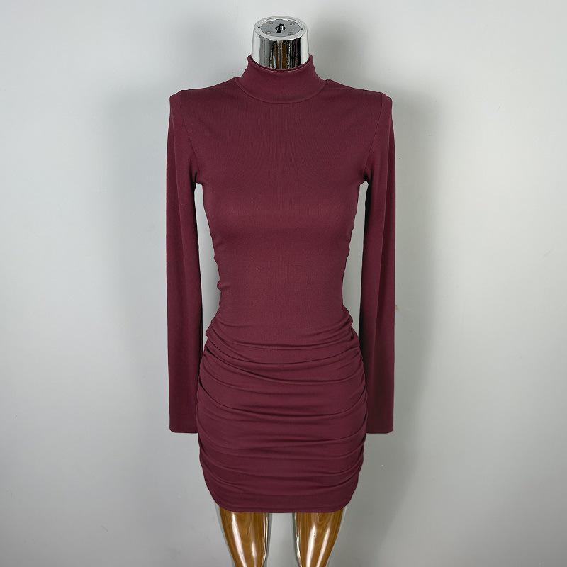 Dongdaemun Elegant Pleated Bodycon Long-Sleeve Dress - Sexy Slim-Fit for Women