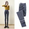 Gefütterte Jeans für Damen in Übergröße, Winter, dicker Samt, hohe Taille, Röhrenjeans, einfache Fleece-Hose, warme Slim Fit