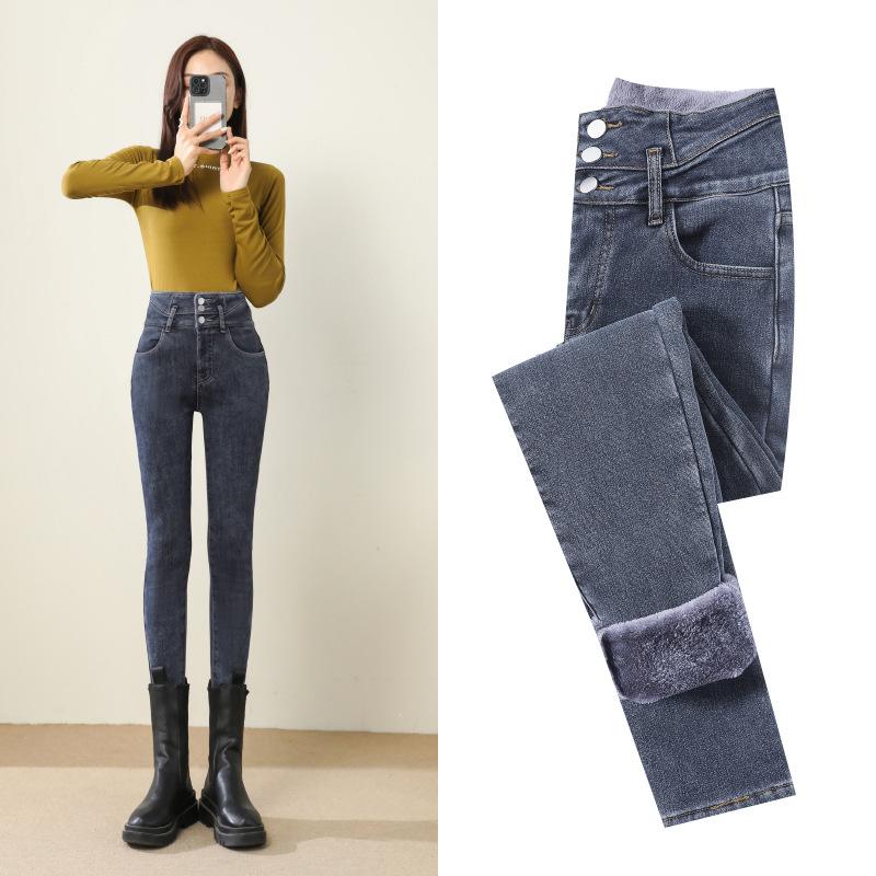 Gefütterte Jeans für Damen in Übergröße, Winter, dicker Samt, hohe Taille, Röhrenjeans, einfache Fleece-Hose, warme Slim Fit