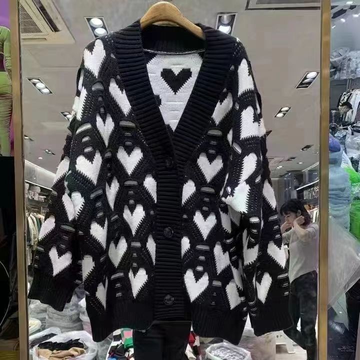 Spring and Autumn Plus Size Knitted Cardigan Sweater Casual Heart V-Neck Sweater Cardigan Jacket Thickened Knit Jacket