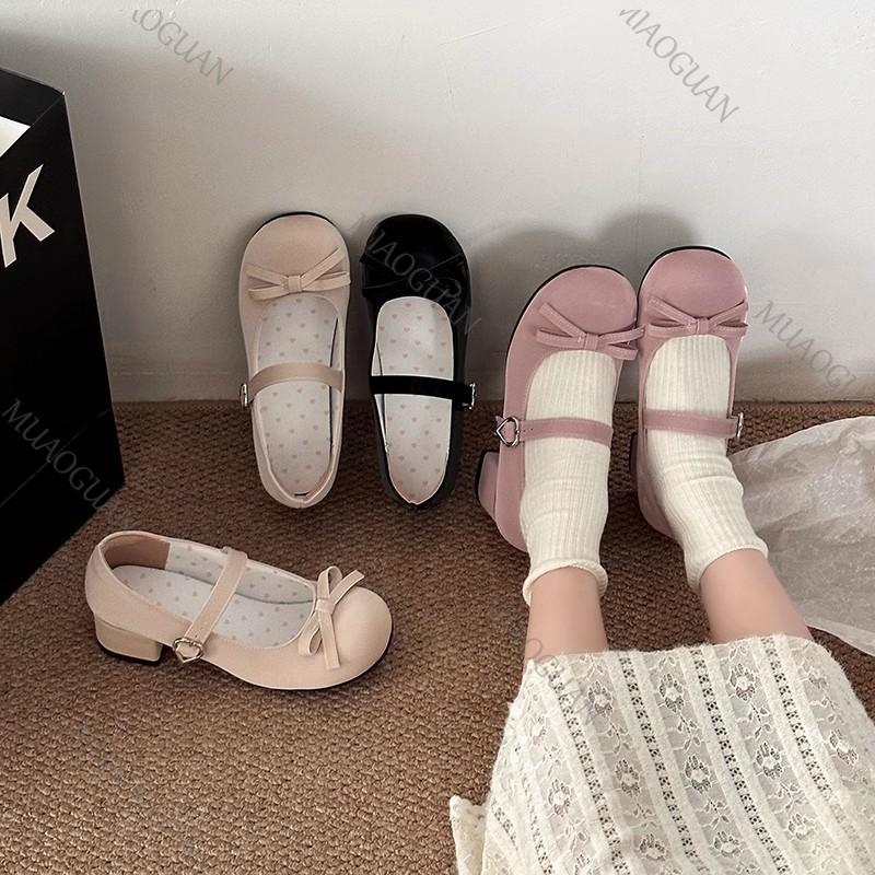 Fashion Bow Shallow Mouth Cute Pumps Spring Autumn Temperament Thick Middle Heel Mary Janes Shoes Solid Round Toe Suede Pumps for Women