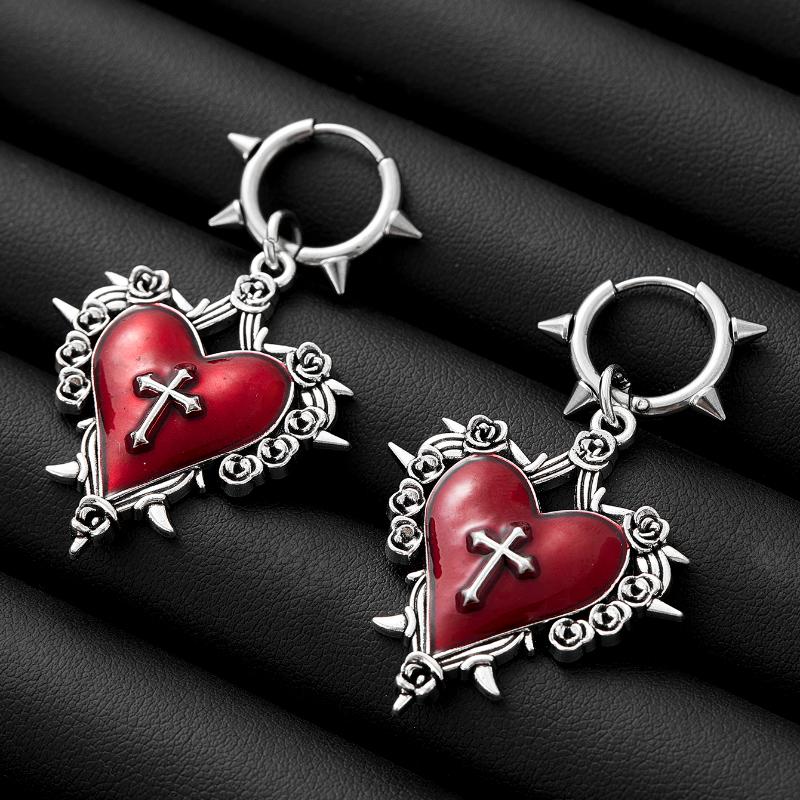 Goth Schmuck Dornen Herz Kreuz Ohrringe Rotes Tropföl Rose Blume Ohrringe für Damen Punk Charms Accessoires Grunge Ohrringe