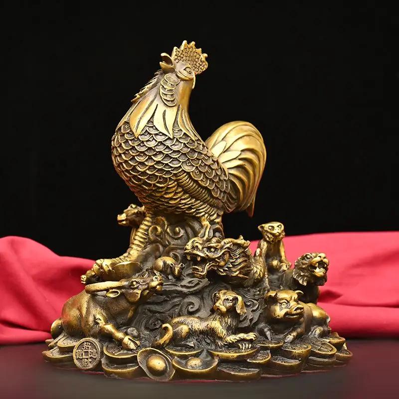 Pure Copper Rooster Statue, Fengshui Crafts, Home Office Decor Zhaocai Zodiac Small Animal Chicken Ornament Sculpture Decoration
