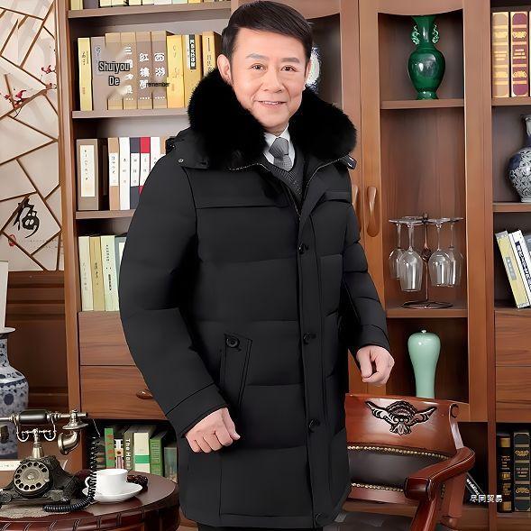 Pánská zimní péřová bunda střední délky s huňatou kapucí a kožíškem – Teplá, volný střih, velká velikost