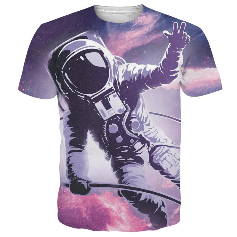 Summer Casual Fashion Plus Size 3D Astronaut Color Printed Loose T-shirt- Soft Medium Elastic Polyester Fiber Fabric Summer Loose Casual Wear