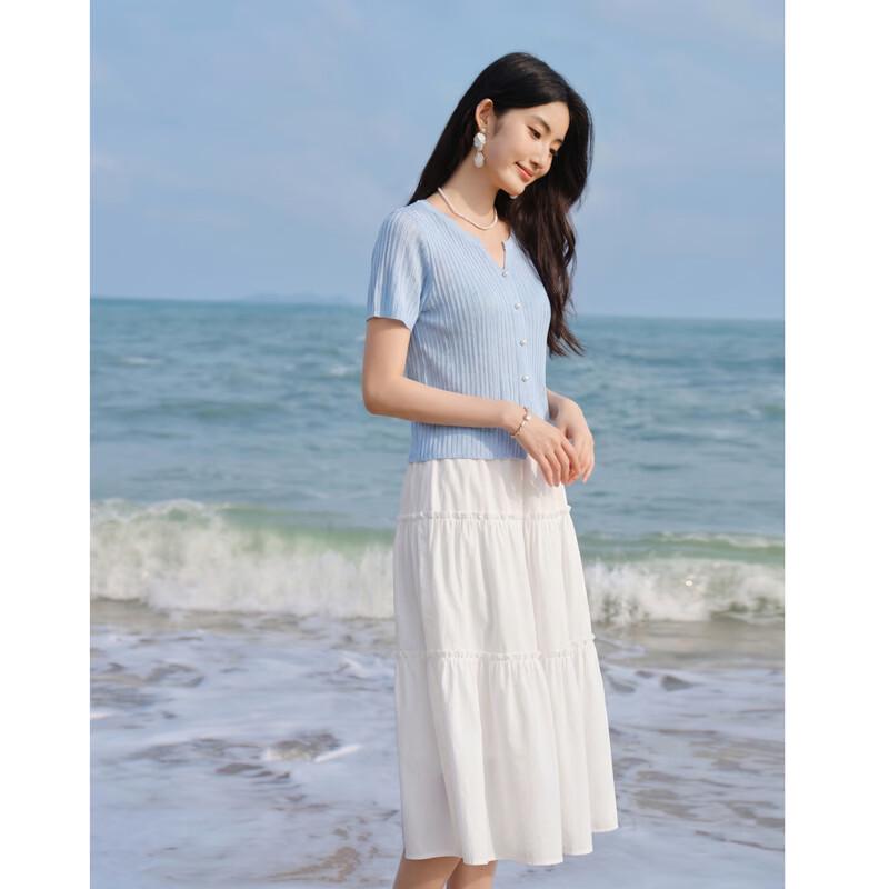 Women s V-Neck Pearl Button Knit Short-Sleeve Top M голубой воды