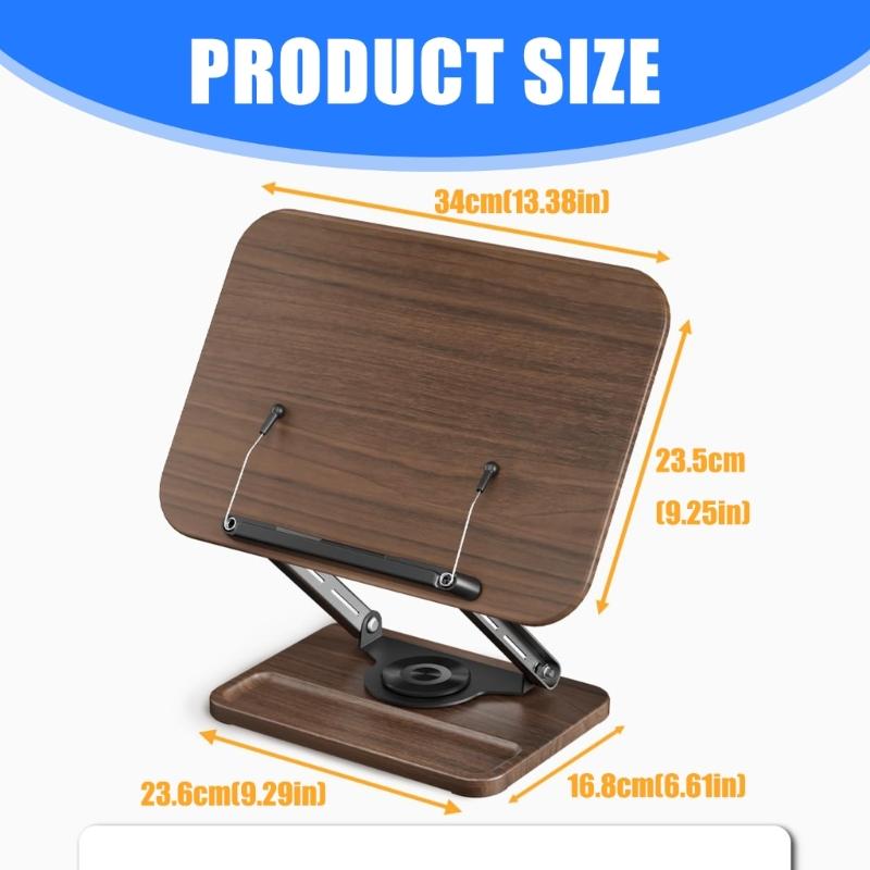 Adjustable Bookstand for Study and Cooking 360 Smooth Rotation Expandable Page Clip Heavy Duty Wood Base Mini Storage