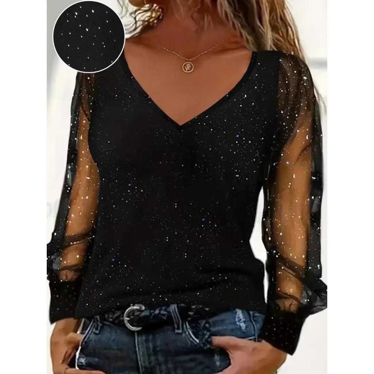 

New Women s Long Sleeve Loose V Neck T-shirt, Elegant Casual Fashion Top for European American S чёрный