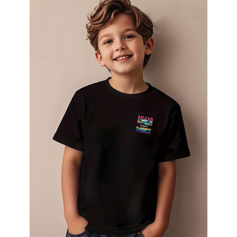 Europäische Größen MIAMI Palme Stranddruck Kurzarm-T-Shirt für Jungen, Kinder und Jugendliche; Sommer Oberteil/Unterhemd für Jungen; Legerer Stil