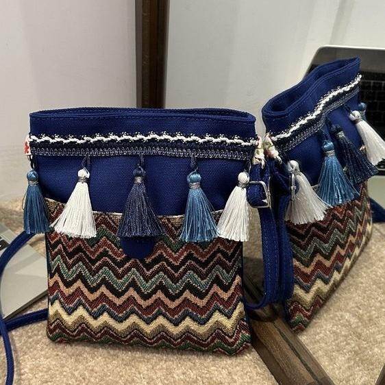 Ethnic Style Canvas Small Crossbody Bag With Wave Patterns And Decorative Tassels For Casual Outings